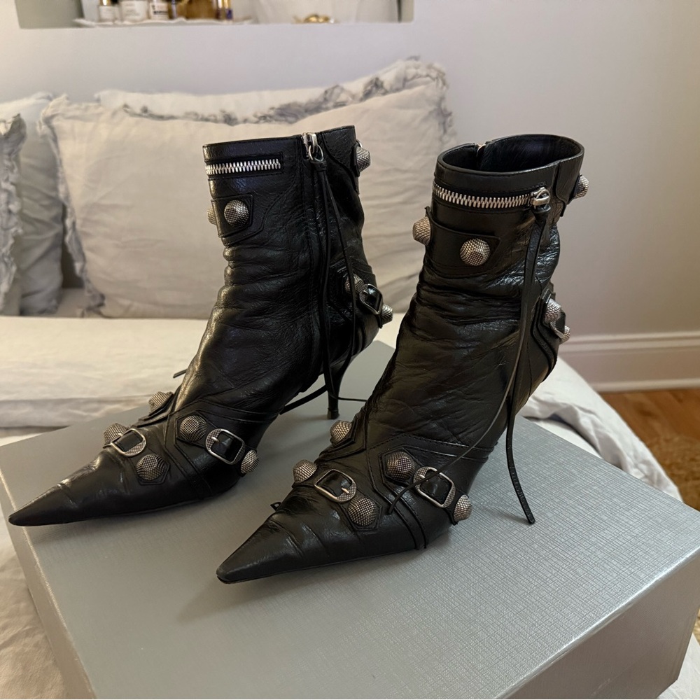 Balenciaga Leather Studded Cagole Ankle Boots